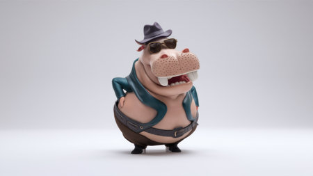 A cartoon hippo wearing a hat and sunglasses with his hands in pockets, AIの素材