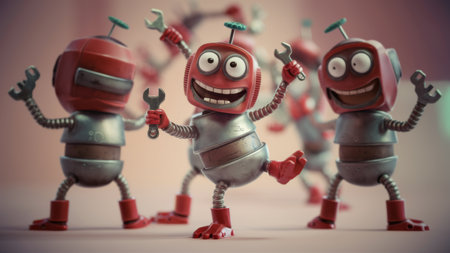 A group of robots with wrenches and tools on a table, AIの素材