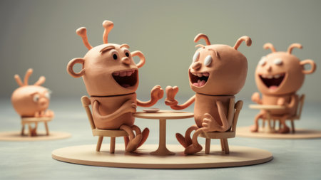 A couple of small plastic figures sitting at a table, AIの素材