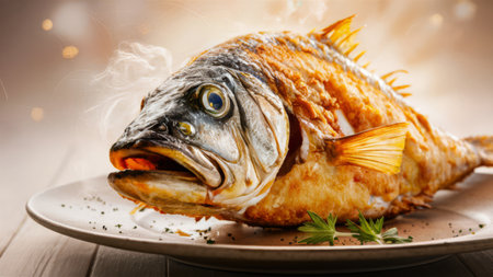 A fish is on a plate with smoke coming out of it, AIの素材