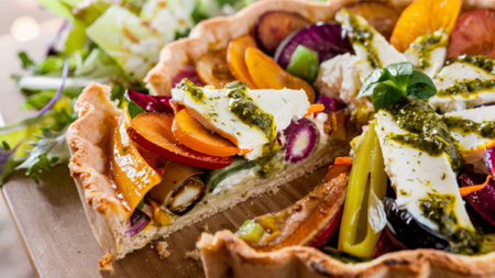 A close up of a vegetable pie with cheese and other vegetables, AIの素材