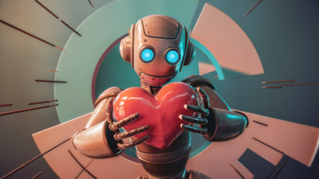 A robot holding a heart in his hands with blue eyes, AIの素材
