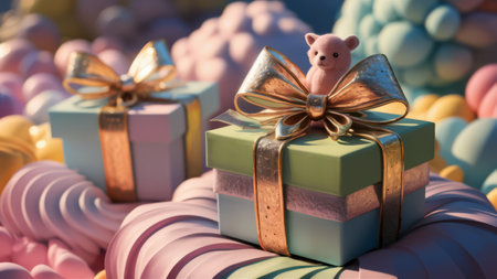 A close up of a small gift box with teddy bear on top, AIの素材