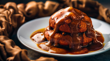 A plate of a dessert covered in caramel sauce on top, AIの素材