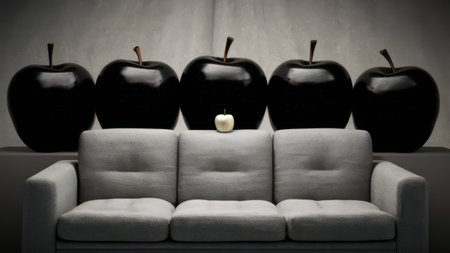 A white couch with black apples on it in front of a wall, AIの素材