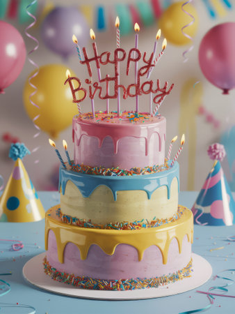 A birthday cake with candles and balloons on top of it, AIの素材