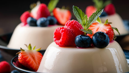 A panna cotta with berries and mint leaves on top of it, AIの素材