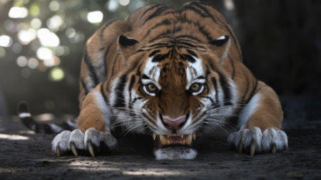 A tiger with its mouth open and teeth showing on the ground, AIの素材