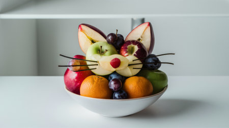 A bowl of fruit arranged in the shape of a cats face, AIの素材