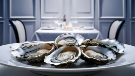A plate of oysters on a white table with chairs, AIの素材