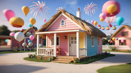 A small house with balloons and fire works in the sky, AIの素材