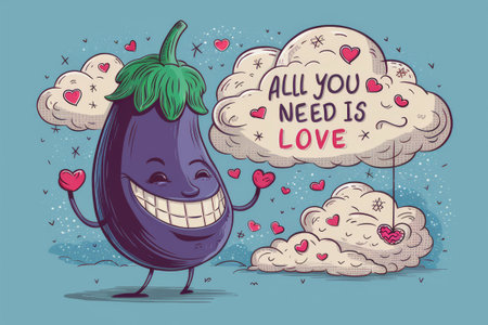 A cartoon eggplant with hearts and clouds in the background, AIの素材