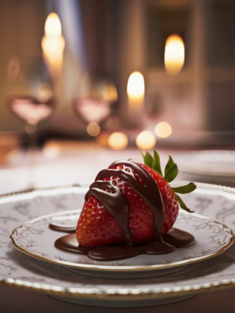 A chocolate covered strawberry sitting on a plate with some other food, AIの素材