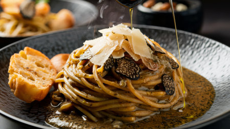 A plate of a pasta dish with sauce and bread on top, AIの素材