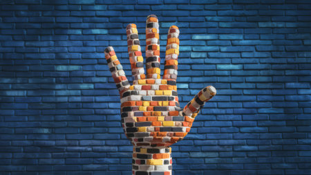 A hand made of bricks is sitting in front a blue brick wall, AIの素材