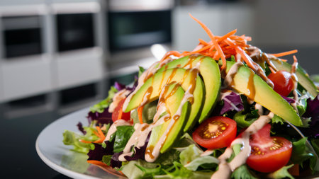 A plate of a salad with avocado, tomatoes and dressing on it, AIの素材