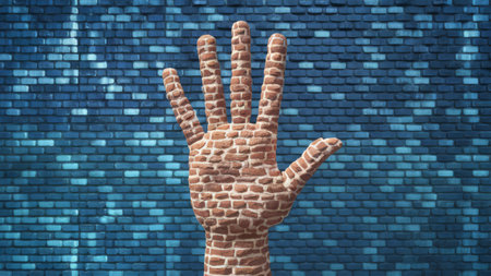 A giraffe hand made of bricks in front of a blue wall, AIの素材