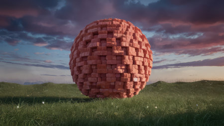 A large red ball sitting in a field of grass, AIの素材