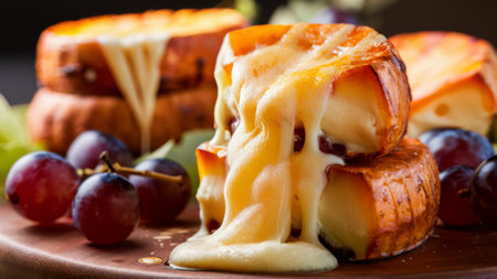 A close up of a plate with cheese and grapes on it, AIの素材