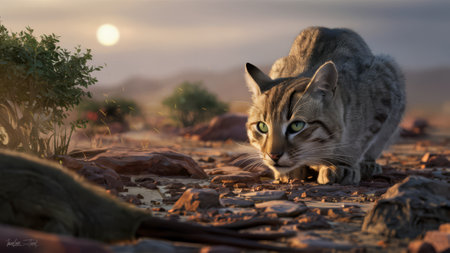 A cat walking on a rocky ground near some dead animals, AIの素材