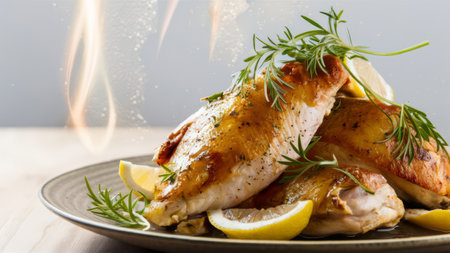 A plate of chicken legs with lemon slices and herbs on top, AIの素材