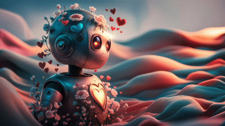 A robot with hearts and flowers on its head in a field, AIの素材