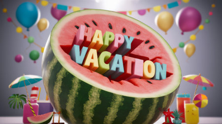 A watermelon with a happy vacation sign in the middle, AIの素材