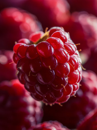 A close up of a bunch of raspberries with one in the middle, AIの素材