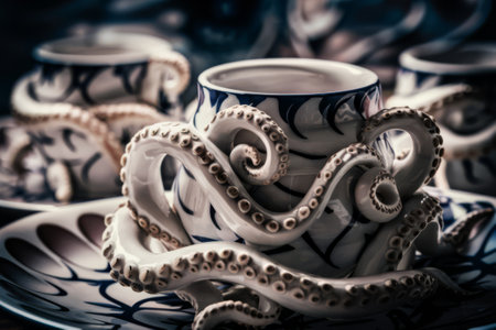 A set of octopus shaped cups and saucers on a table, AIの素材
