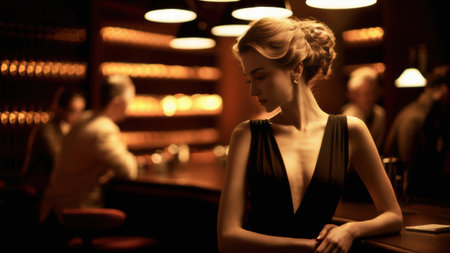 A woman in a black dress sitting at the bar, AIの素材