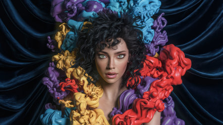 A woman with curly hair surrounded by colorful balloons, AIの素材