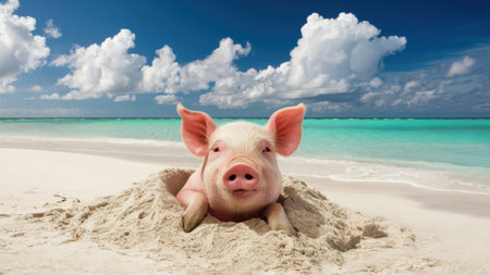 A pig is laying in the sand on a beach, AIの素材