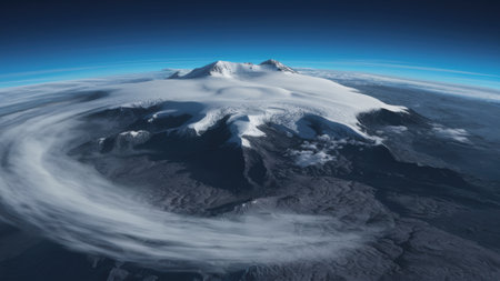 A view of a large mountain with clouds and snow on it, AIの素材