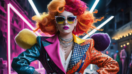 A woman with colorful hair and a jacket on, AIの素材