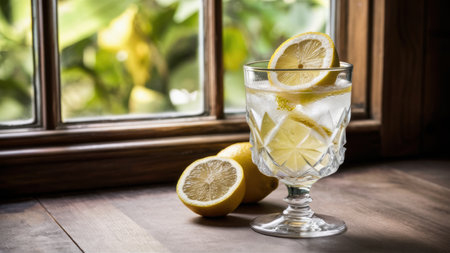 A glass of a drink with lemon slices and ice on the table, AIの素材