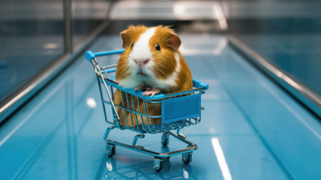 A guinea pig sitting in a shopping cart on an escalator, AIの素材
