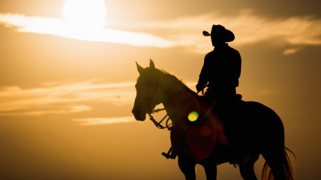 A silhouette of a cowboy riding on top of his horse, AIの素材