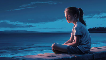 A young girl sitting on a brick wall looking out to sea, AIの素材