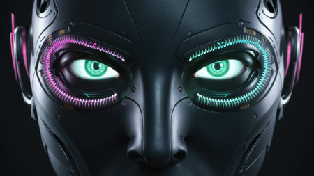 A close up of a robots face with glowing eyes, AIの素材