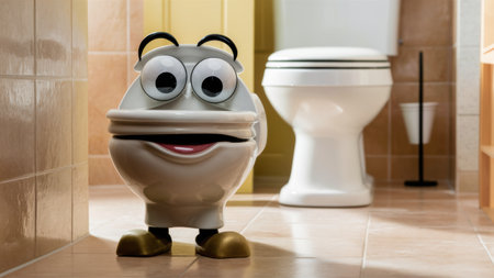A toilet with a face and eyes in the bathroom, AIの素材