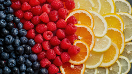 A close up of a bunch of different fruits and berries, AIの素材