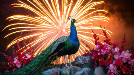 A peacock standing on a rock with flowers in front of fireworks, AIの素材