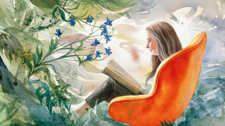 A woman sitting in an orange chair reading a book, AIの素材