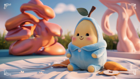 A small stuffed toy of a pear wearing blue clothing, AIの素材