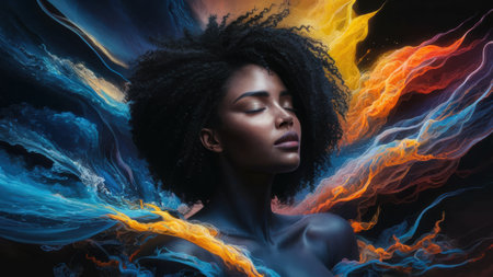 A woman with an afro is surrounded by colorful flames, AIの素材