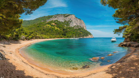 A view of a beach with boats and trees in the background, AIの素材