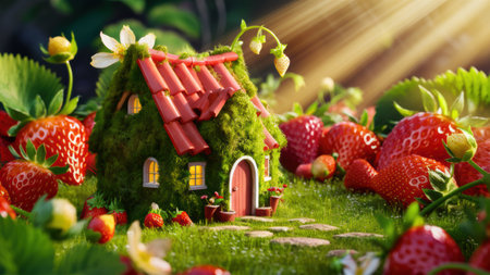 A miniature house made of moss and strawberries in a field, AIの素材
