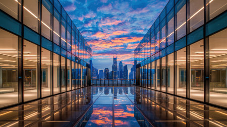 A view of a glass building with city lights reflecting in the water, AIの素材