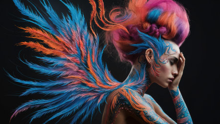 A woman with colorful feathers on her body and head, AIの素材