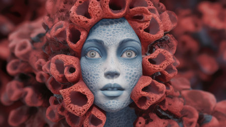 A woman with a face made of coral and flowers, AIの素材